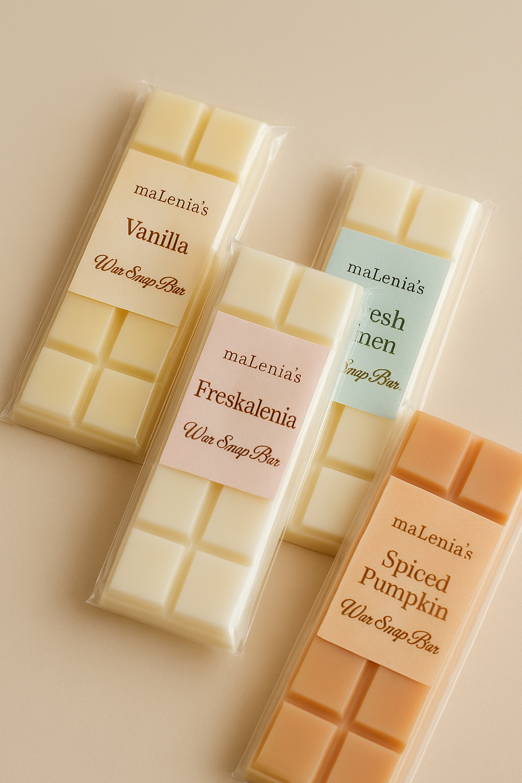 Χειροποίητες μπάρες αρώματος Snap Bars Wax Melts Malenias σε φυσικό φόντο, σε διάφορα αρώματα φρεσκάδας , γλυκών,φρούτων