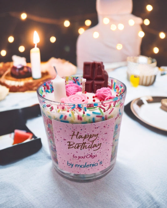 Glass Jar with Scented Soya Wax, wax pieces of chocolate, candies on top and multicolour truffle