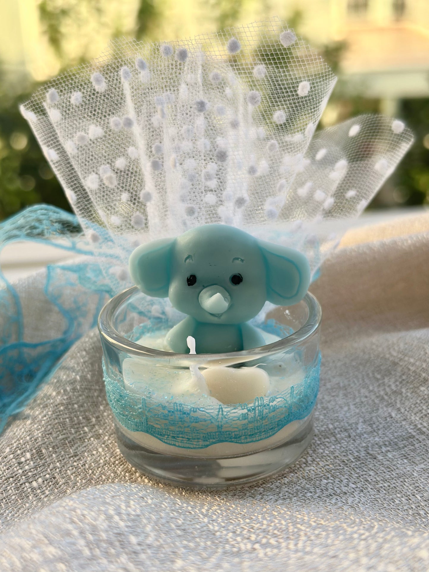 Μπομπονιέρα Βάφτισης ελεφαντάκι - γυάλινο βαζάκι  με κερι Ελεφαντάκι !