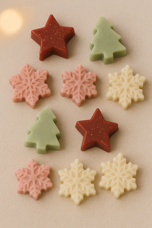 wax melts χριστουγεννιάτικα αρώματα Malenias – χειροποίητα δεντράκια  με άρωμα κανέλας, μελομακάρονου και πεύκου πάνω σε ουδέτερο φόντο